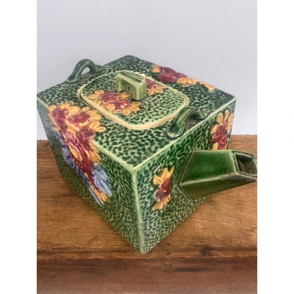 Vintage Japanese Square Ceramic Teapot Floral Majolica Style Green Made in Japan